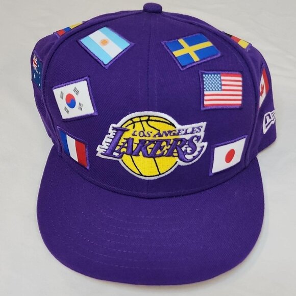 NWOT New Era Los Angeles Lakers Purple Snapback Hat Various National Flags - Picture 1 of 8